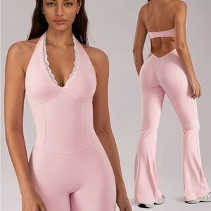 Pink Halter Jumpsuit with Lace Trim